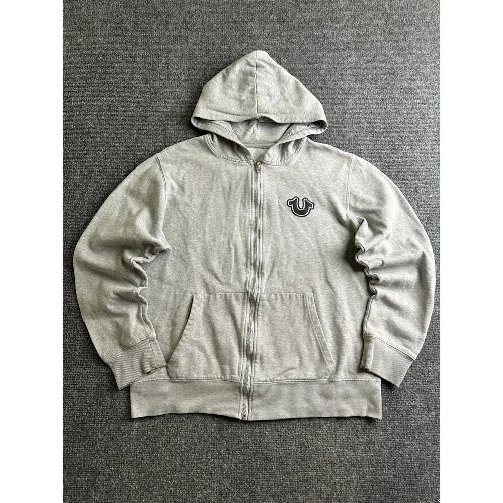 Mens True Religion Buddha Zip Hoodie Gray Logo Graphic Sweatshirt Size L